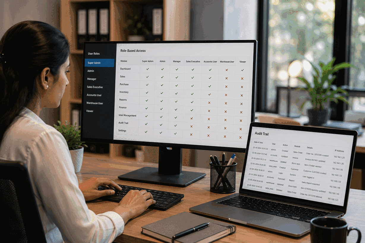 Role based access and audit trail for pharma ERP